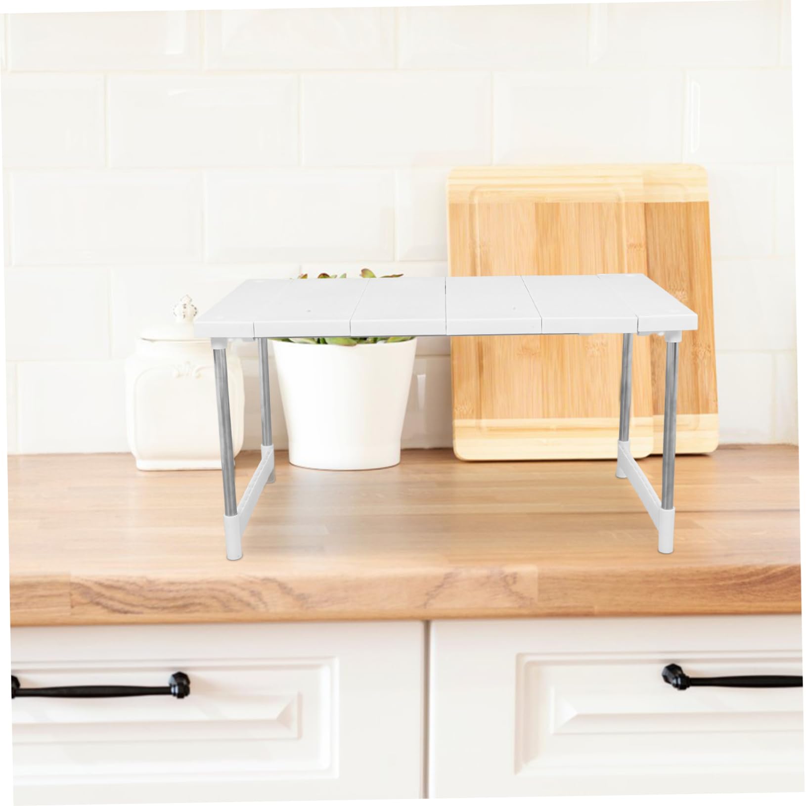 IMIKEYA Organizer Cucina Estensibile Bianco Doppio Ripiano in Acciaio Inossidabile e Superficie Liscia, Lunghezza Regolabile Ganci per Organizzare Utensili e Spezie