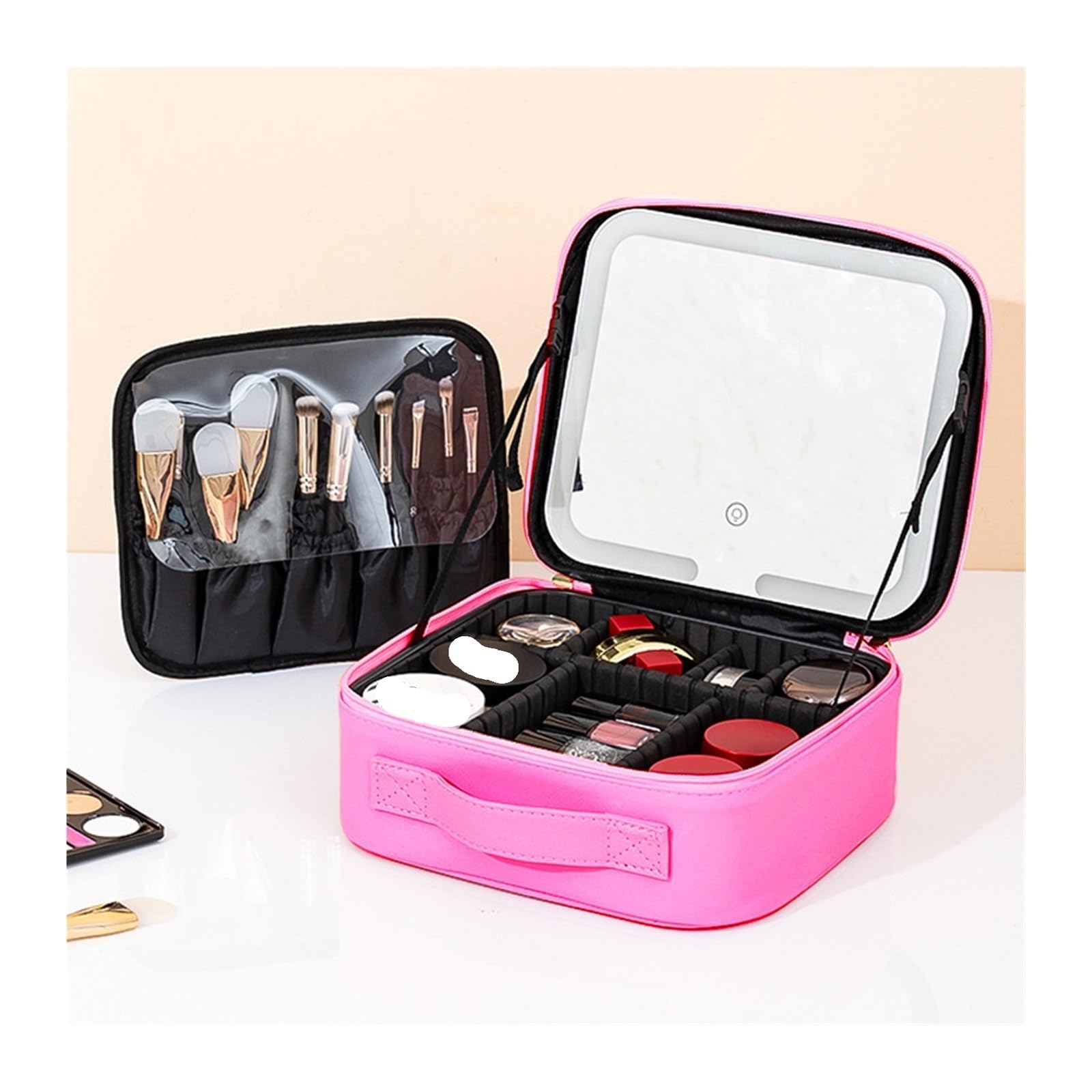 Kosmetiktasche Reise-Make-up-Tasche mit Spiegel for Frauen, tragbares Make-up-Pinsel-Etui mit großem Fassungsvermögen, tragbare, unterteilte Kosmetiktasche