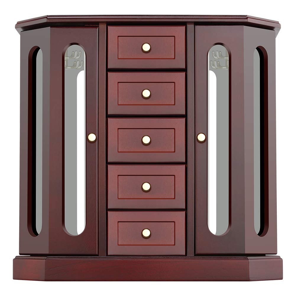 RR ROUND RICH DESIGNJewelry Box - Made of Solid Wood with Cabinet Type 5 Drawers Organizer and 2 Separated Open Doors on 2 Sides and Large Mirror Brown