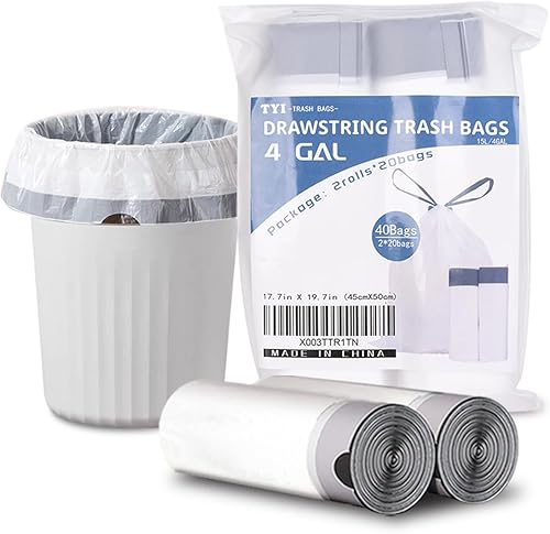 Bolsas de basura de 4 galones, 40 bolsas de basura con cordón, forros gruesos sin perfume para baño, dormitorio, oficina