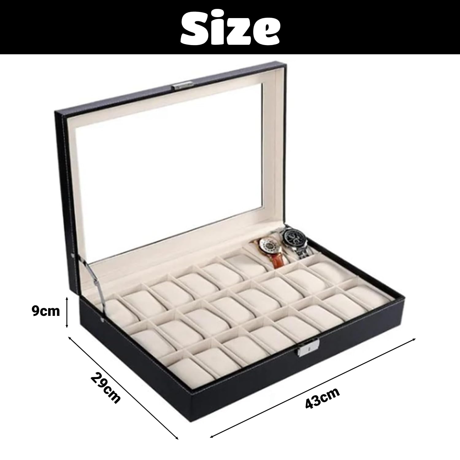 Uhrenbox, Uhrenkasten mit 24 Fächern, Watch Box Uhren Aufbewahrungsbox mit Glasdeckel, Verschließbarer Uhren-Vitrine Geschenkidee für Geburtstag Vatertag Weihnachten