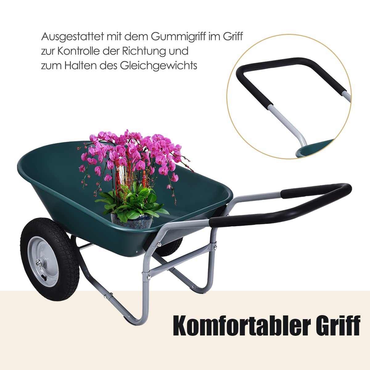 GOPLUS Schiebkarre, Schubkarre mit 2 Luftreifen mit Metall Felge & PP Wanne & Softgrip-Griffe, Bauschubkarre mit Tragkraft, für pferdemist & Erde & Werkzeug, für Garten & Stall (Grün)