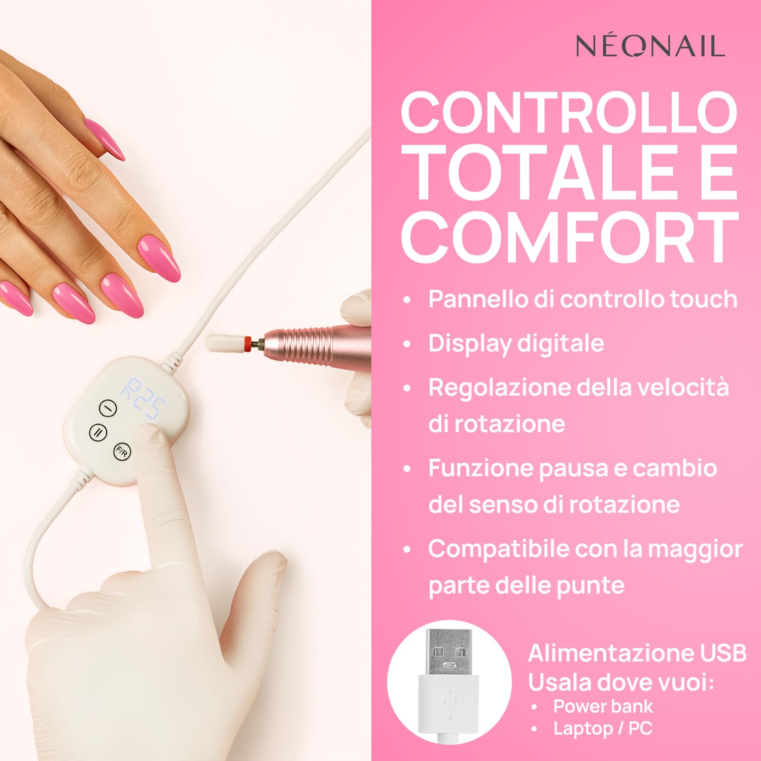 NÉONAIL Fresa Per Unghie - Mini USB Nail Drill 12 W - Lima Elettrica Per Unghie - Kit Unghie Gel - Pen Nail Drill - Kit Manicure Pedicure