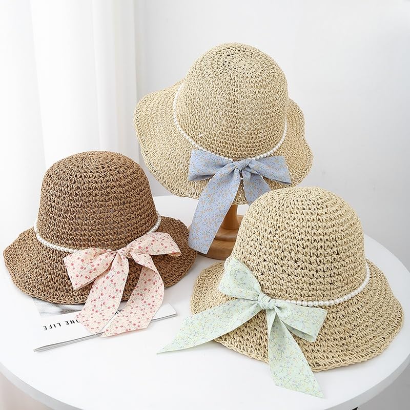 Sombrero de Paja de Verano para Mujer,de ala Ancha,Ligero,con Lazo Floral de Perla,Plegable,Transpirable,para Playa,para Actividades Al Aire Libre