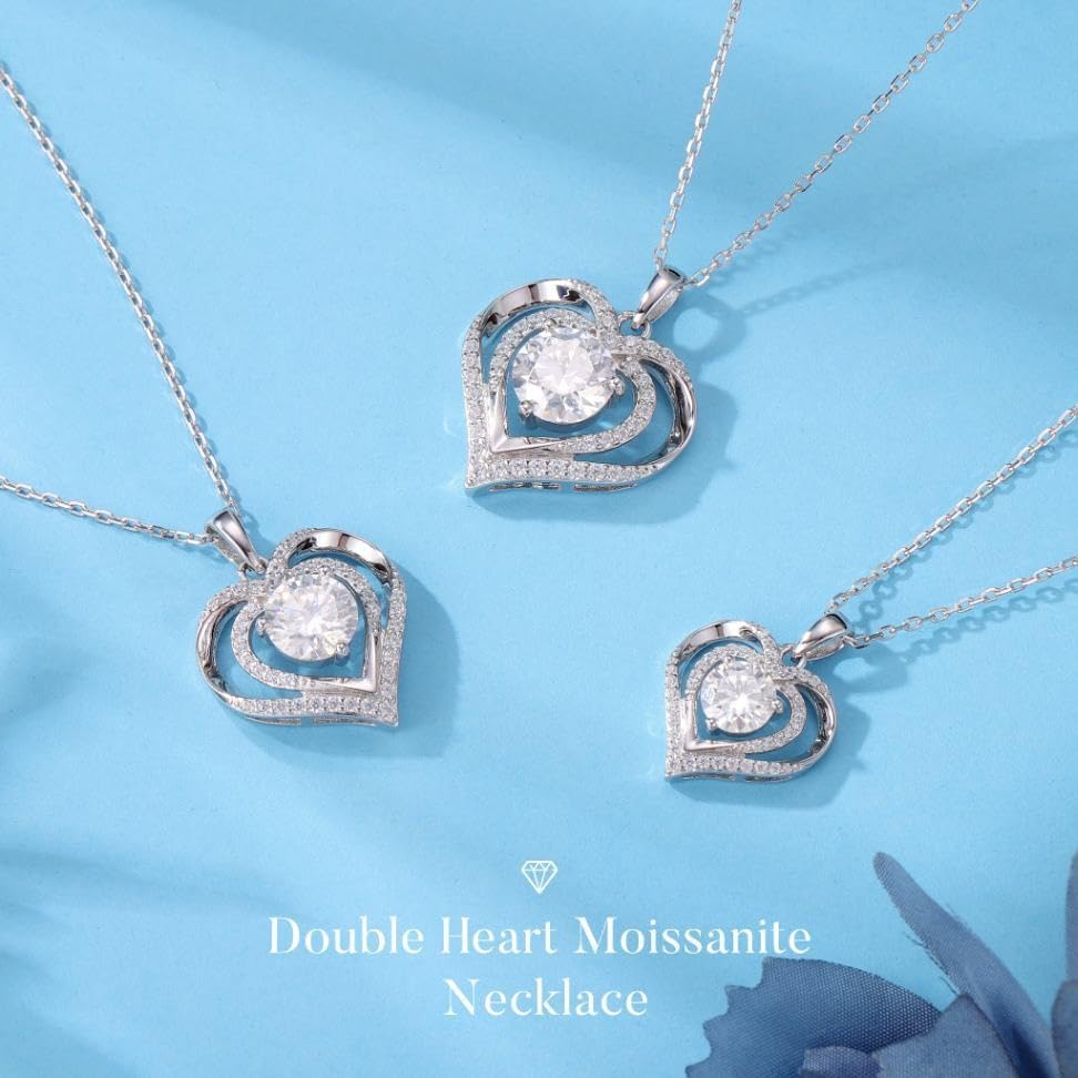 MOOSEA Necklace Gifts for Her - 925 Sterling Silver Double Heart Moissanite Necklace, 1-3 Carat Lab Created Moissanite Anniversary Birthday Gift for Women Wife Girlfriend Mom - Image 7