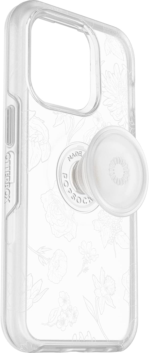 OtterBox iPhone 14 Pro Otter + Pop Symmetry Series Clear Case - FLOWER OF MONTH (Clear), integrated PopSockets PopGrip, slim, pocket-friendly, raised edges protect camera & screen