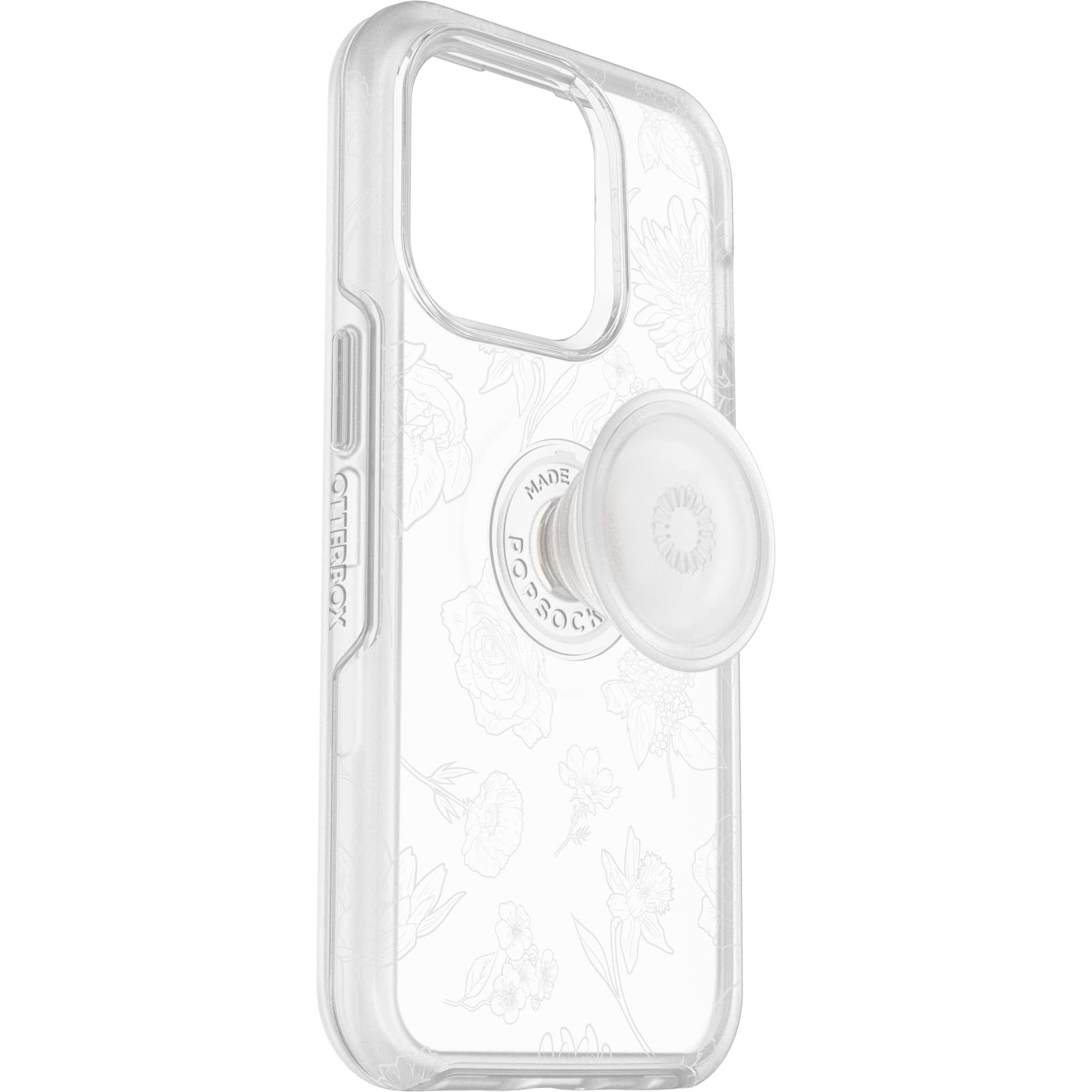 OtterBox Funda transparente para iPhone 14 Pro Otter + Pop Symmetry Series - Flor del mes (transparente), PopSockets PopGrip integrados, delgada, amigable con el bolsillo, bordes elevados que protegen