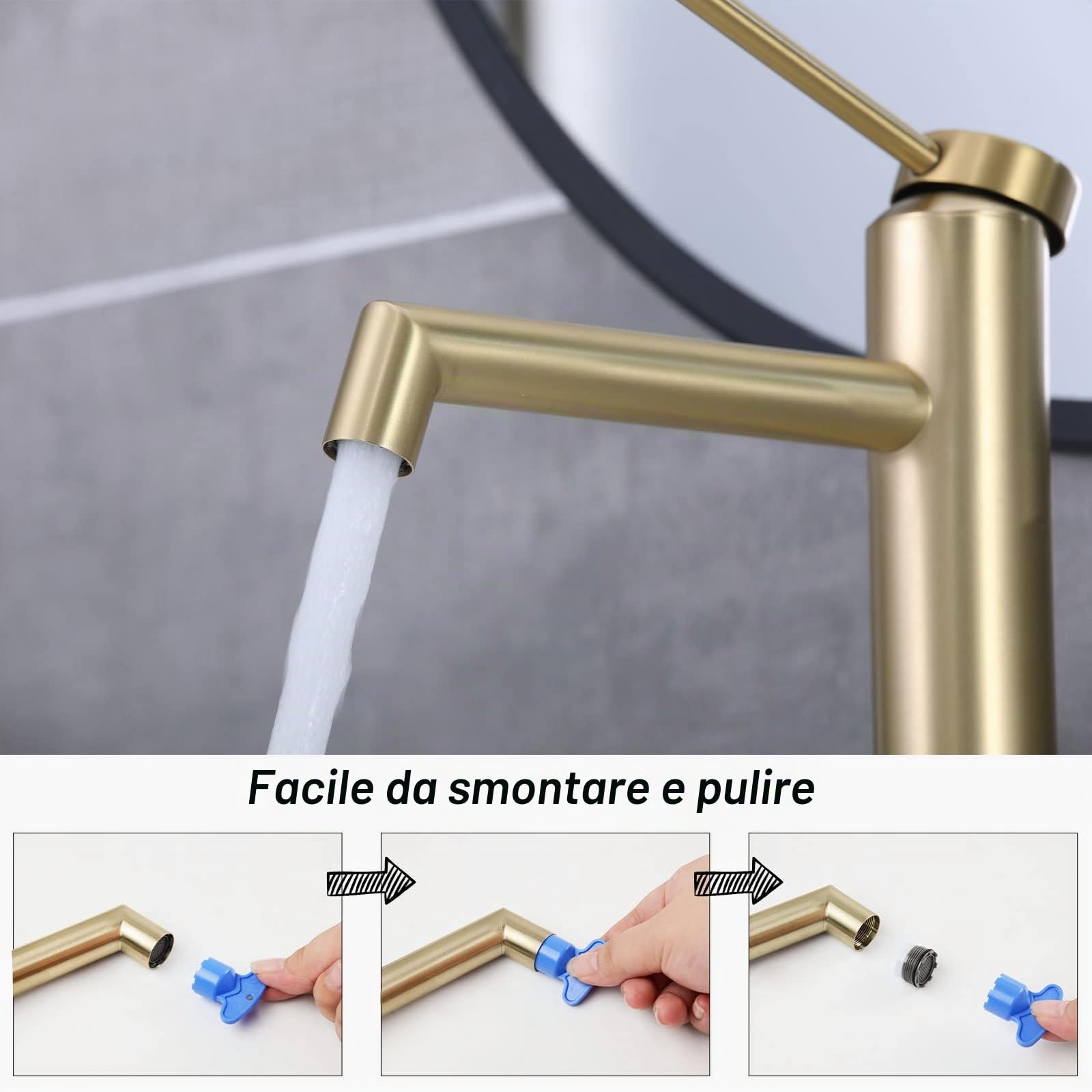 Rubinetto Bagno Lavabo Alto Oro Spazzolato Miscelatore Monocomando per Lavabo Fredda e Calda Regolabile SHANFO M4OK-T