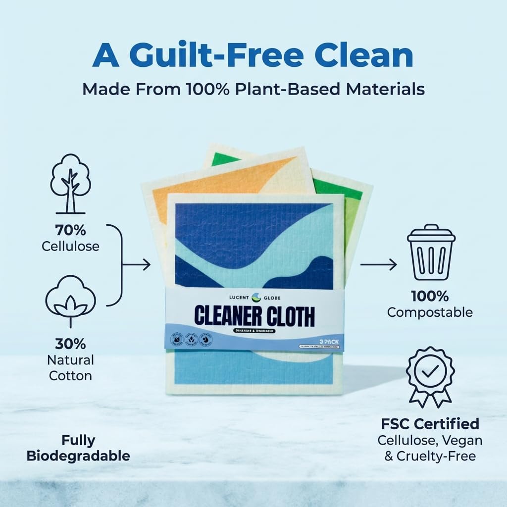 Lucent Globe Swedish Dishcloths for Kitchen (3-Pack) – Reusable, Eco-Friendly Sponge Cloths Replace 15 Paper Towel Rolls – Plant-Based, Machine Washable, Super Absorbent & Compostable Cleaning Cloths image 5
