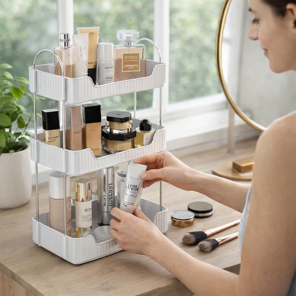 Premium CasaDuo Multipurpose Organizer Rack for Cosmetics Storage | Display Holder | Bathroom Dresser Countertop | Kitchen Organizer in Mahogany Finish (Self Assembly)(3 Layer)-image-28