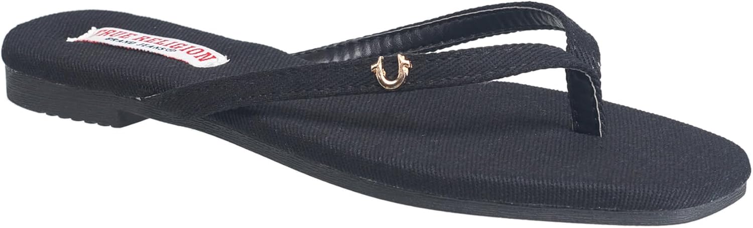 True Religion Women’s Minimalist Flip Flop Sandals – Sleek Style with Gold Logo Charm