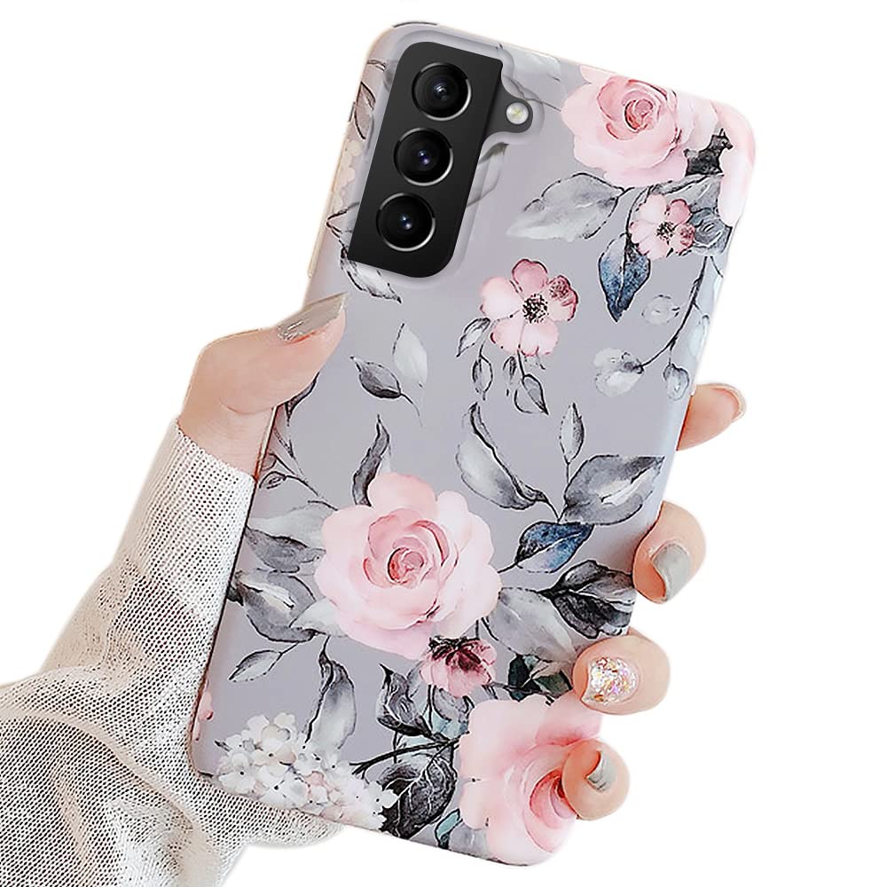 Ownest Compatible Samsung Galaxy S22+ Plus Case with Purple Floral and Gray Leaves for Girls Woman Leaves with Flowers Pattern Elegant Soft TPU Protective for Samsung Galaxy S22+ Plus-Flowers