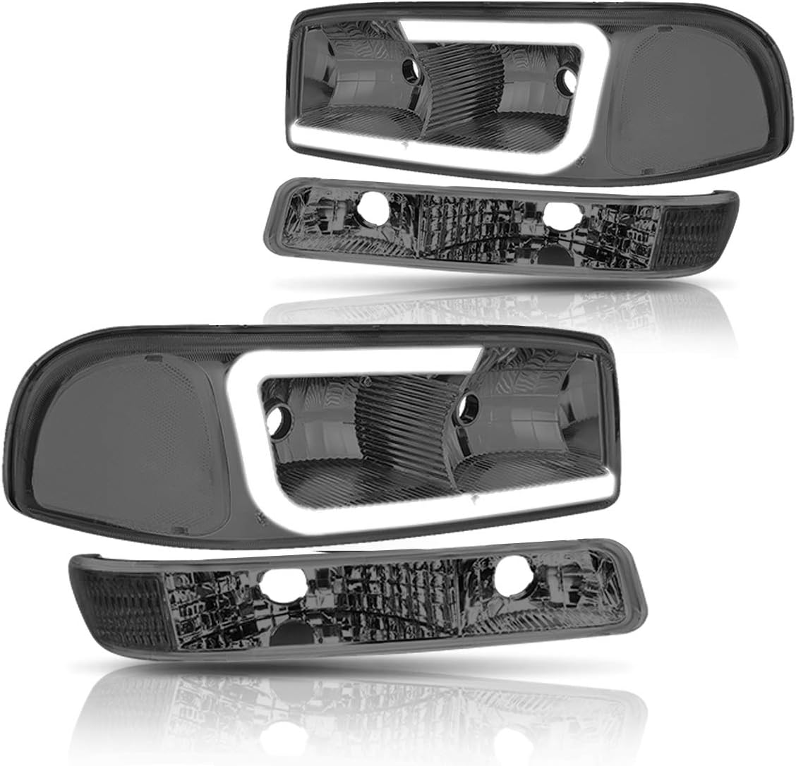 PM PERFORMOTOR [4Pcs-Set LED DRL Headlights Assembly+Bumper Lamps Compatible with Sierra Yukon XL 99-07/Clear Corner