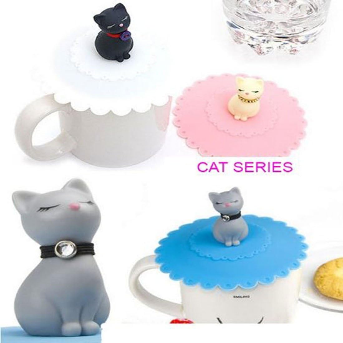 Funny-home Cute Cat Thermal Coffee Tumbler Leakproof Silicone Cup Lid Cover, Random Color