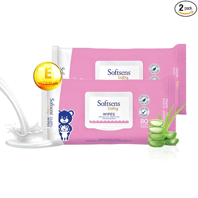 Softsens Baby Skin Care Wipes with Aloe Vera & Moisturising Lotion, 80 Pcs x 2 Pack