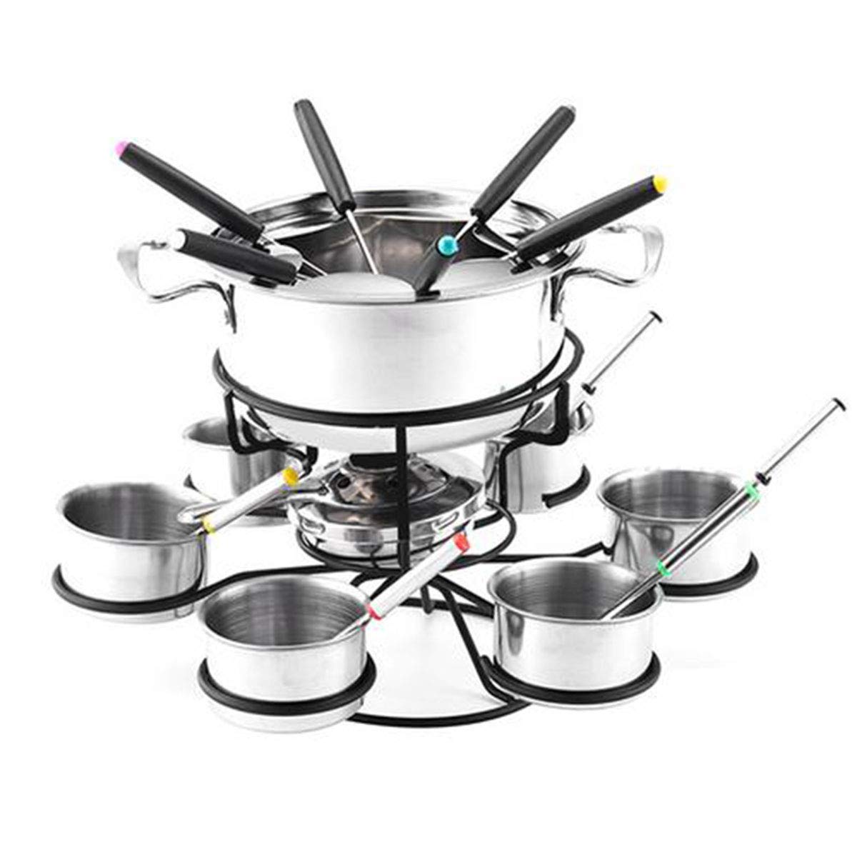 Juego de ollas para fondue de acero sin dolor, 6 tenedores de fondue, cuenco, cuchara con alcohol, queso, fondue de queso, ideal para chocolate, caramelo, queso, salsas y más