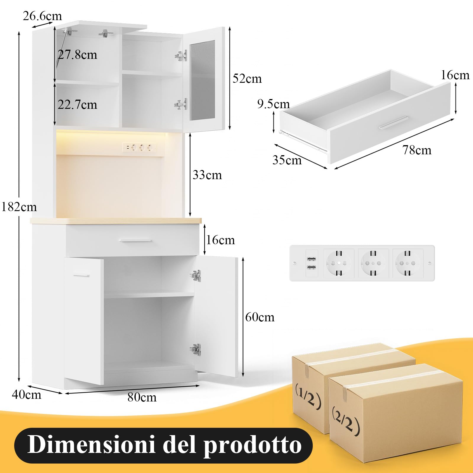 Devoko Mobile da cucina con piano di lavoro e presa elettrica, Credenza buffet LED con chiusura ammortizzata, Dispensa altezza regolabile con pannello posteriore rinforzato (Bianco)