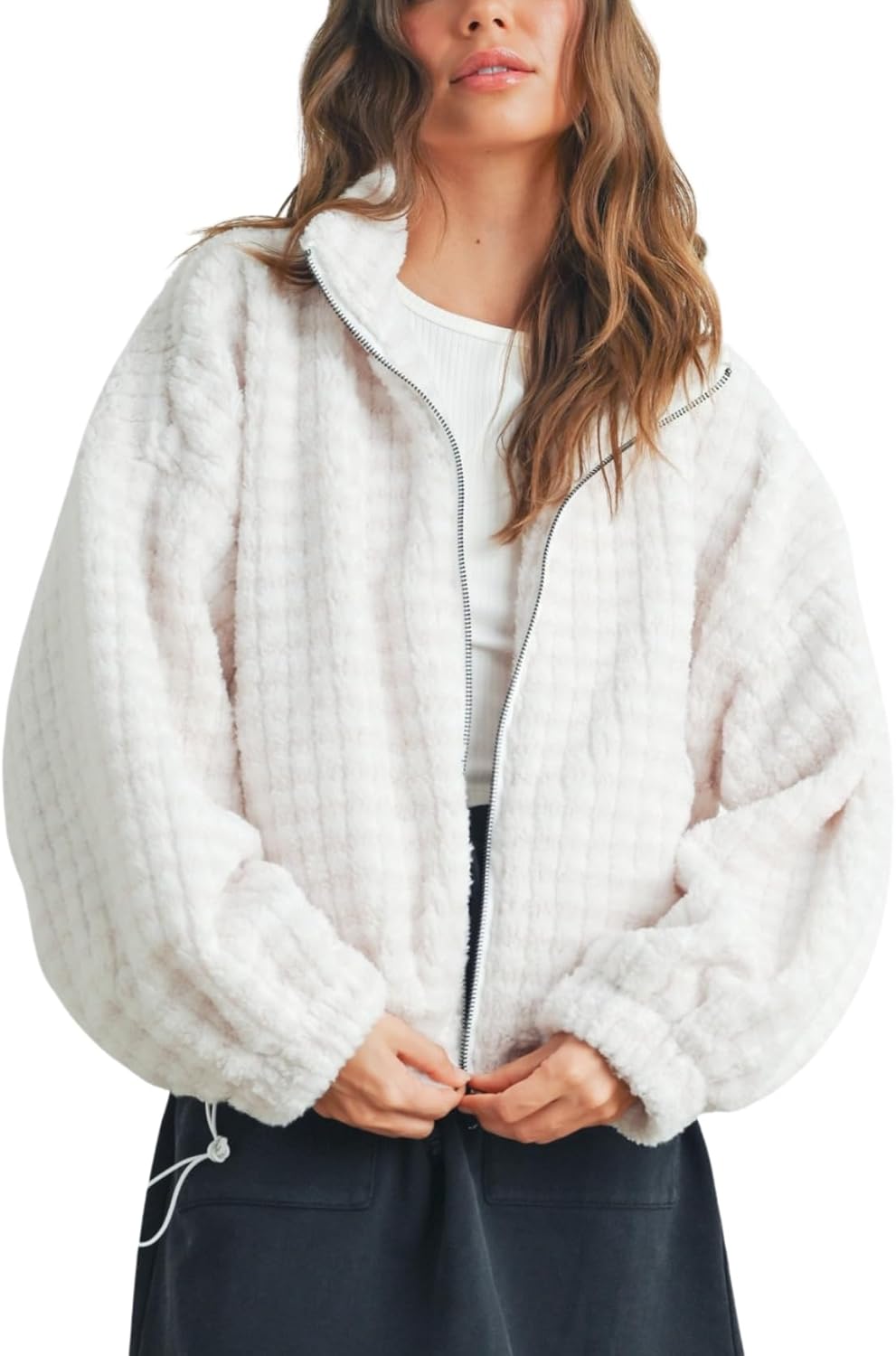 Womens Striped Fleece Jacket Winter Collared Puffer Coat Zip Up Warm Fuzzy Shacket With Pocket