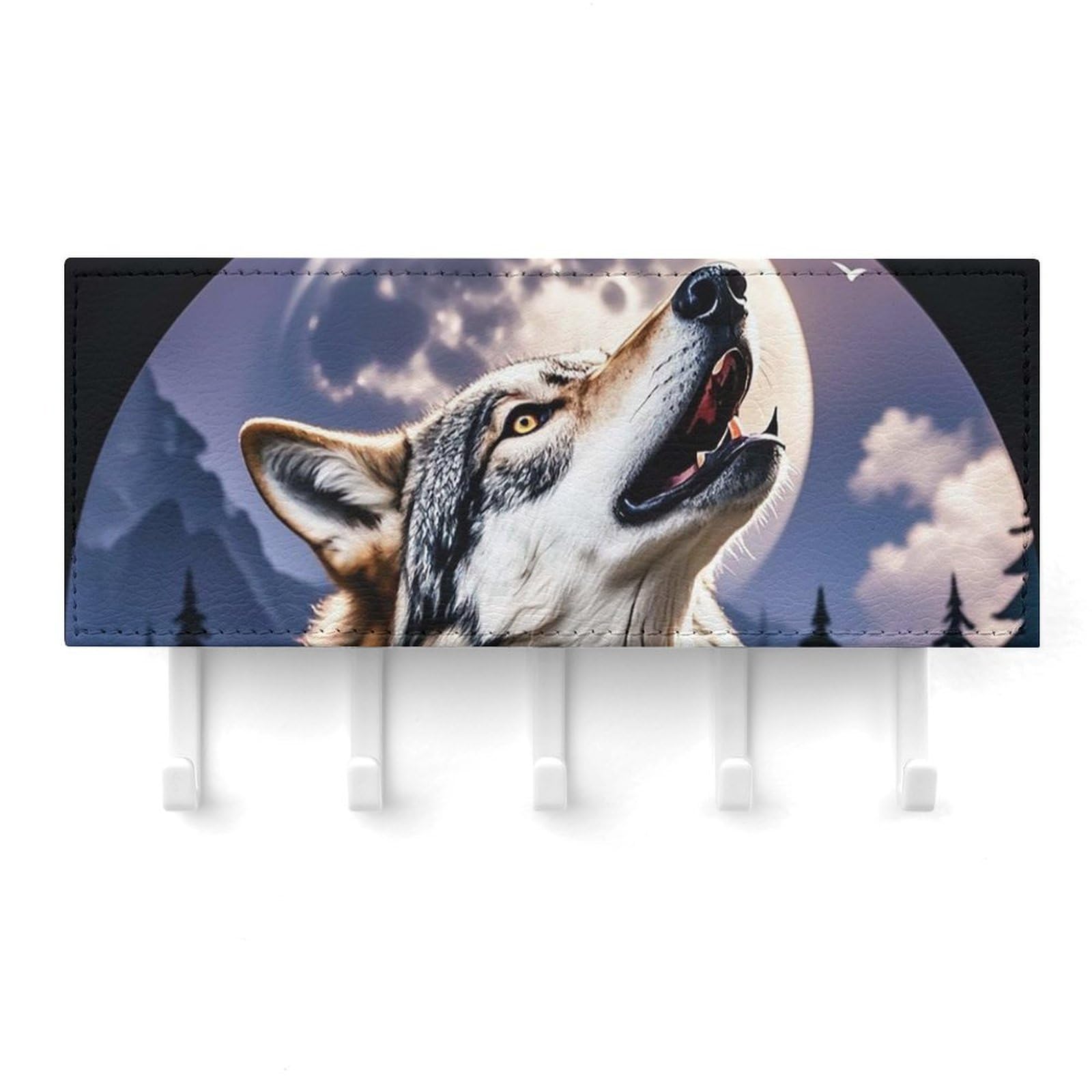 QMNLKH Wolves Wall Mounted Key Rack for Home, No Drilling Key Holder with 5 Hooks, Self Adhesive Keys Chain Organizer for Hallway, Keys Hanger Shelf for Office, Doorway White