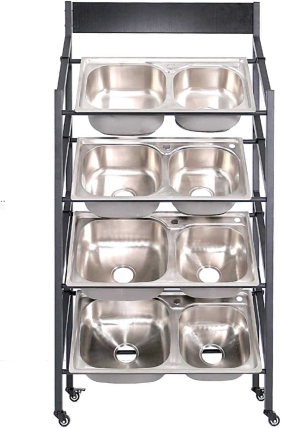 XPLKQXE Floor Standing Kitchen Sink Display Rack, Movable Metal Dish Tub Wash Basin Organizer Shelf, Multi-layer Dishpan Sample Show Holder, Exhibition Halls Store (Color : With wheel, Size : 90x39x
