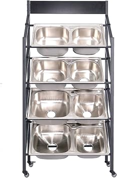 XPLKQXE Floor Standing Kitchen Sink Display Rack, Movable Metal Dish Tub Wash Basin Organizer Shelf, Multi-layer Dishpan Sample Show Holder, Exhibition Halls Store Color With wheel, Size 90x39x