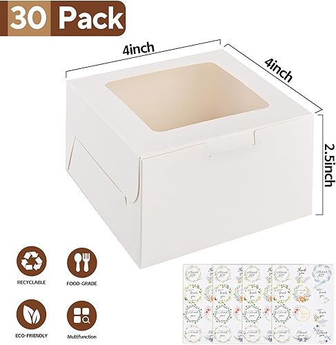 Miniatura 2 de Vane Delx 50 cajas de panadería blancas con ventana y papel pergamino, 4 x 4 x 2.5 pulgadas, caja de regalo de pastelería resistente y adorable,