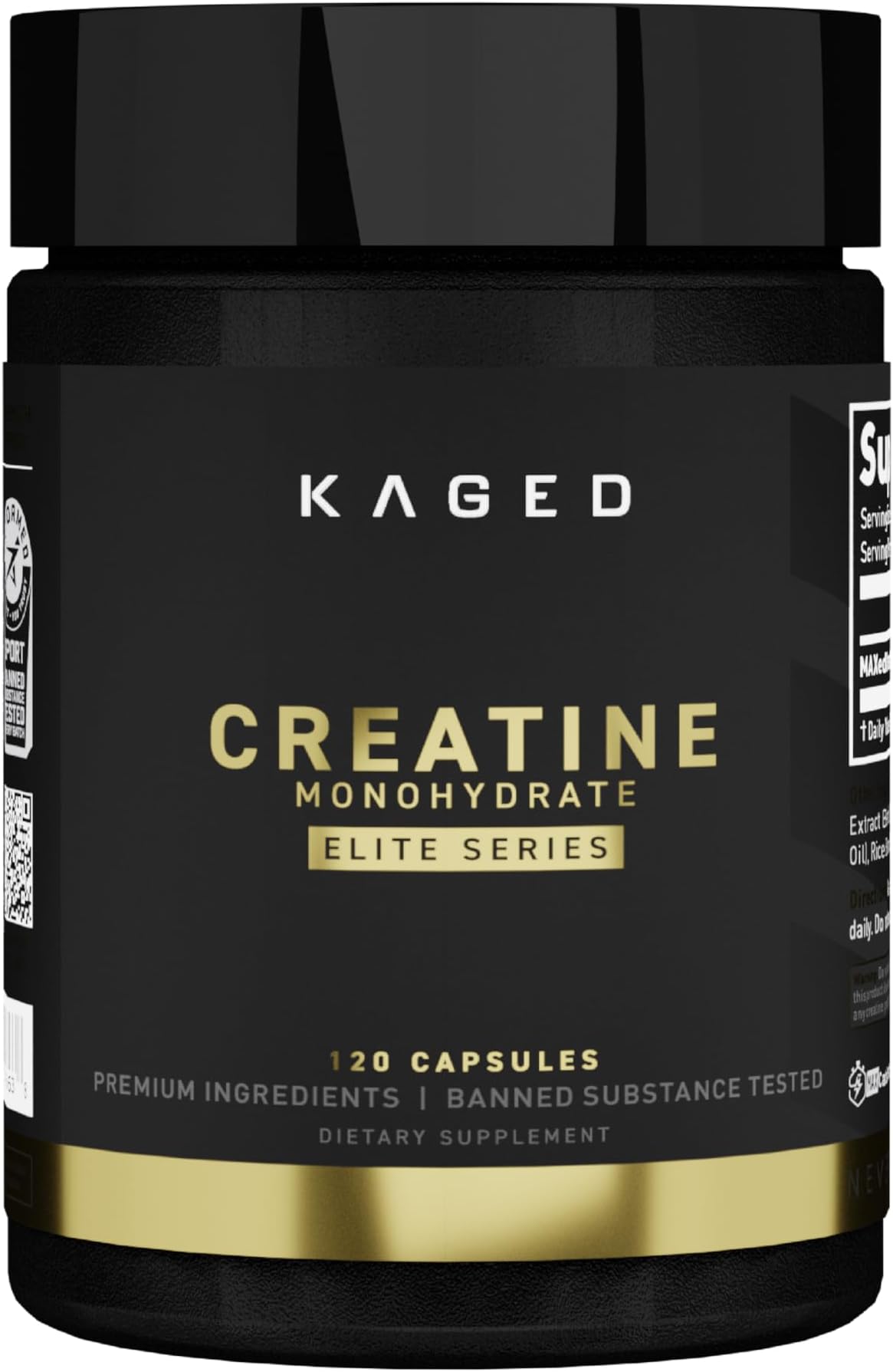 Kaged CREATINE MONOHYDRATE Elite Capsules Unflavored Muscle Recovery and Growth Supplement for Men & Women, Vegan, Easily Digestible, Gluten Free, No Sugar Added