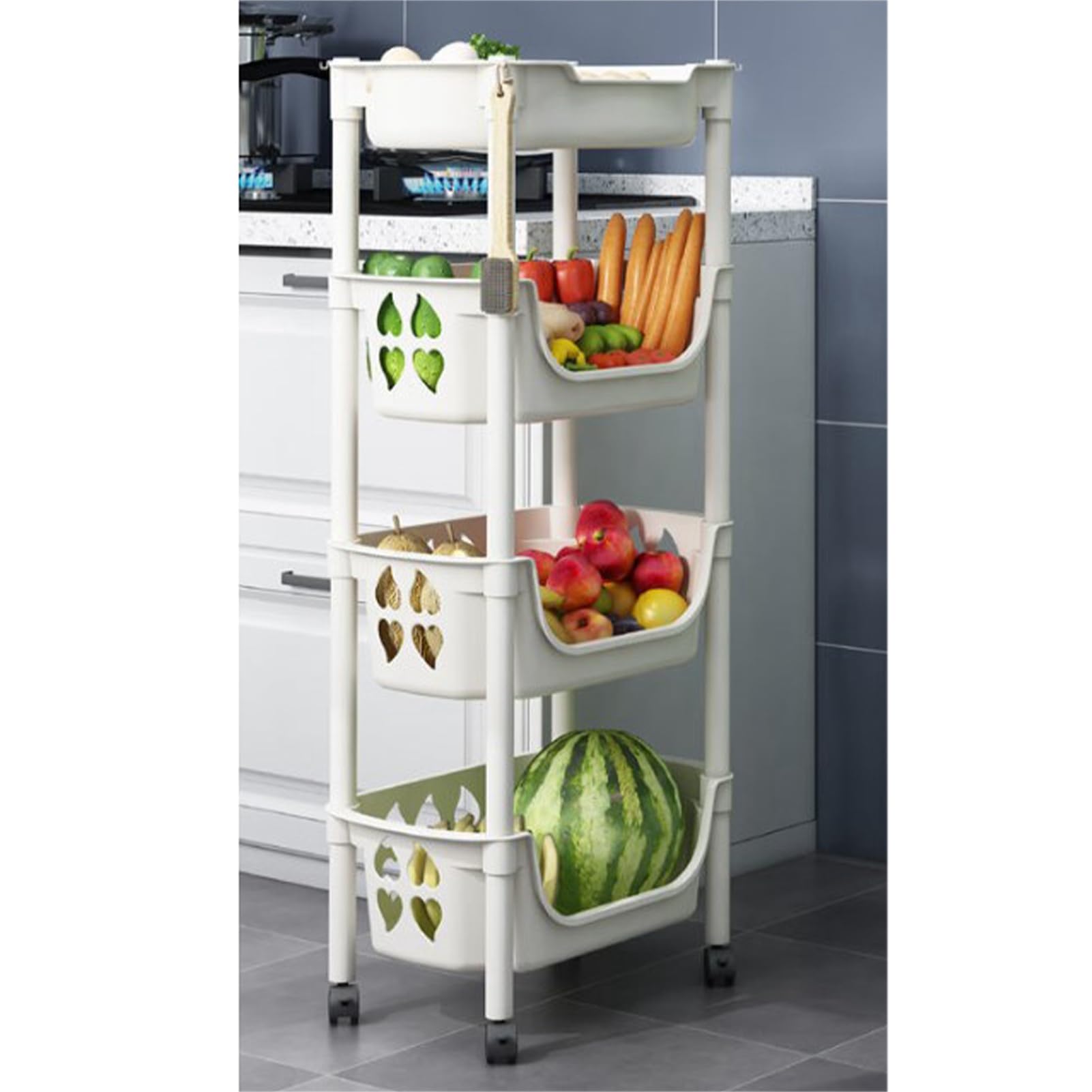Estante de almacenamiento de cocina con ruedas, cesta de frutas y verduras, estante de almacenamiento de alimentos de varios niveles para cocina, despensa, baño, sala de estar (beige)