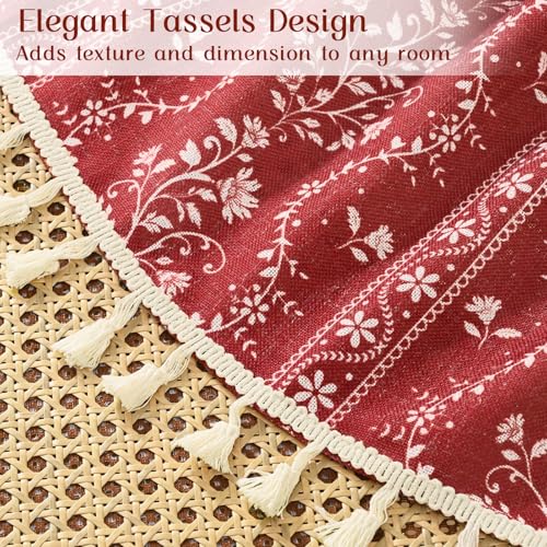 Image of Yinhua Boho Kitchen Curtains 36 Inch Length Vintage Linen Cafe Curtains Light Filtering Bohemian Floral Tier Rod Pocket Farmhouse Rustic Tassel Small Drapes with Tiebacks, 2 Panels, Red