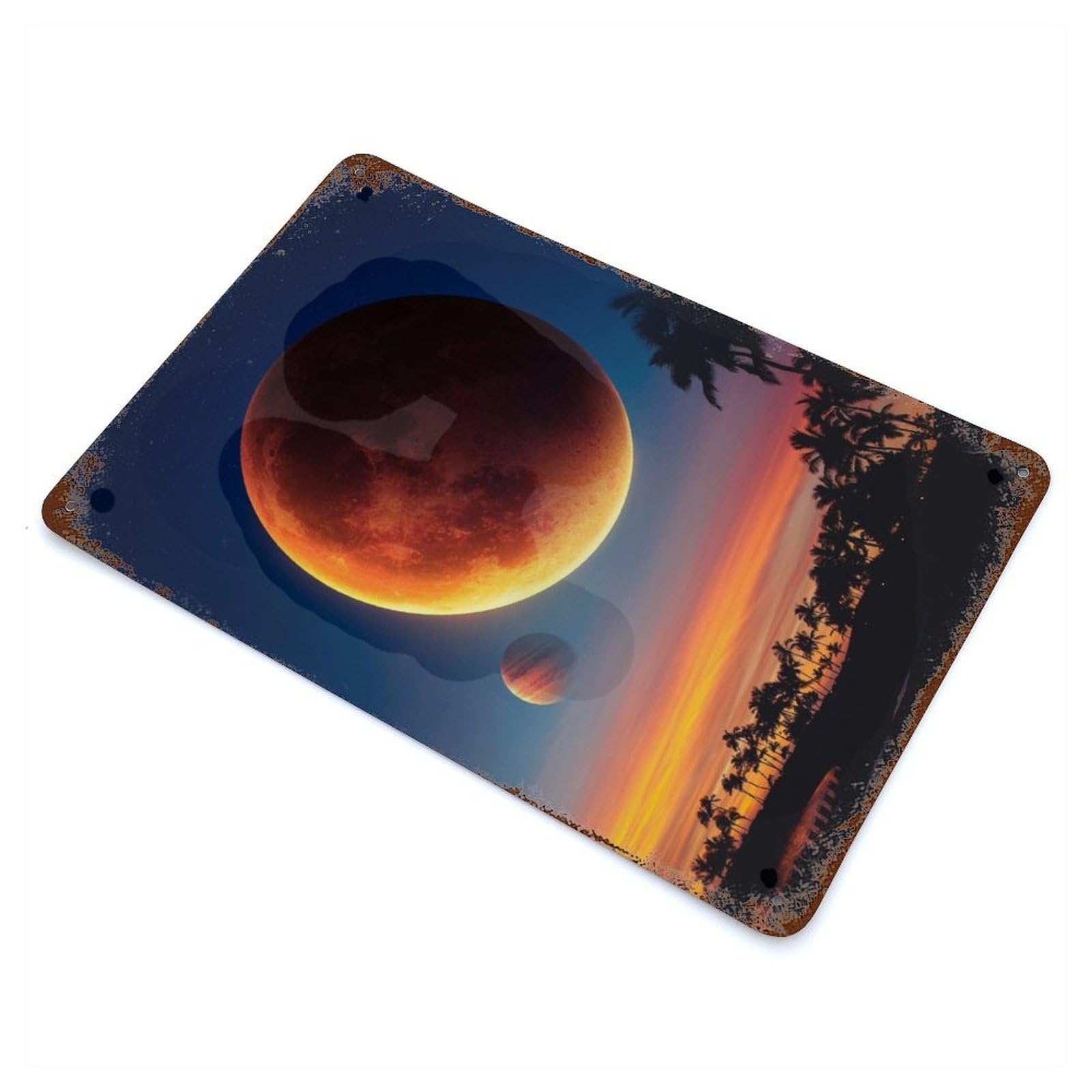 Blood Moon 11.8"x7.9" Rust Effect Tin Sign, Industrial Home Decor for Living Room, Hallway And Home Decor