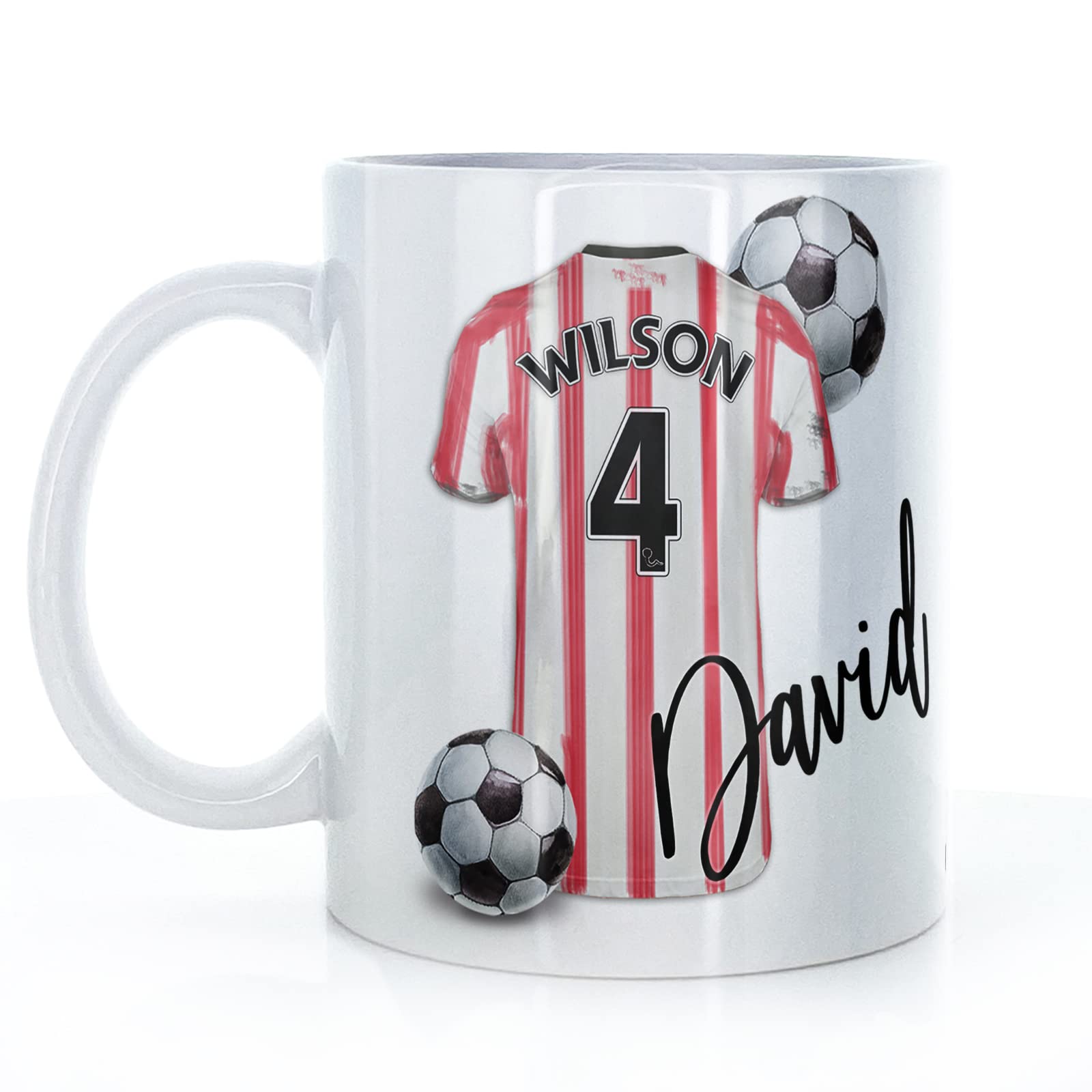 Hairyworm Personalised Mug with Customised with Name/Number/Text, (11oz) White, Blue, Black, Pink Cup with White & Red Stripe Football Shirt — image 1