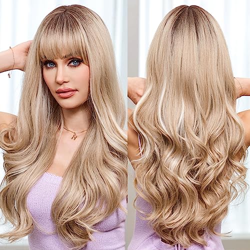 EMMOR Ombre Blonde Wavy Wigs for Women Highlight Color Wigs with Bangs Long Curly Heat Resistant Fiber Synthetic Wig Natural looking for Daily Use