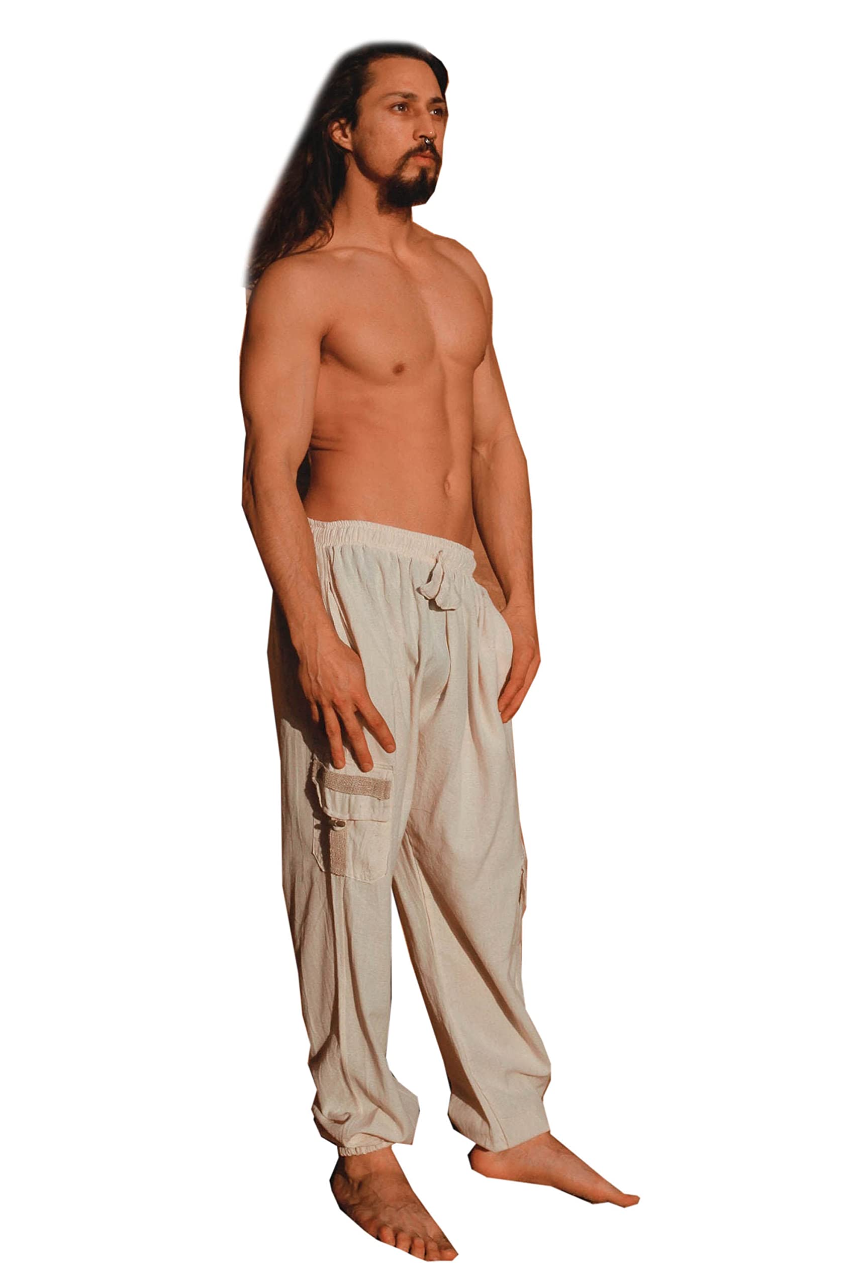 AJJAYAOKKO Organic Hemp and Cotton Mens Pants Beige, Handmade, Four Pockets, Eco Friendly, Sustainable Comfortable Earthy Yoga Gypsy Boho
