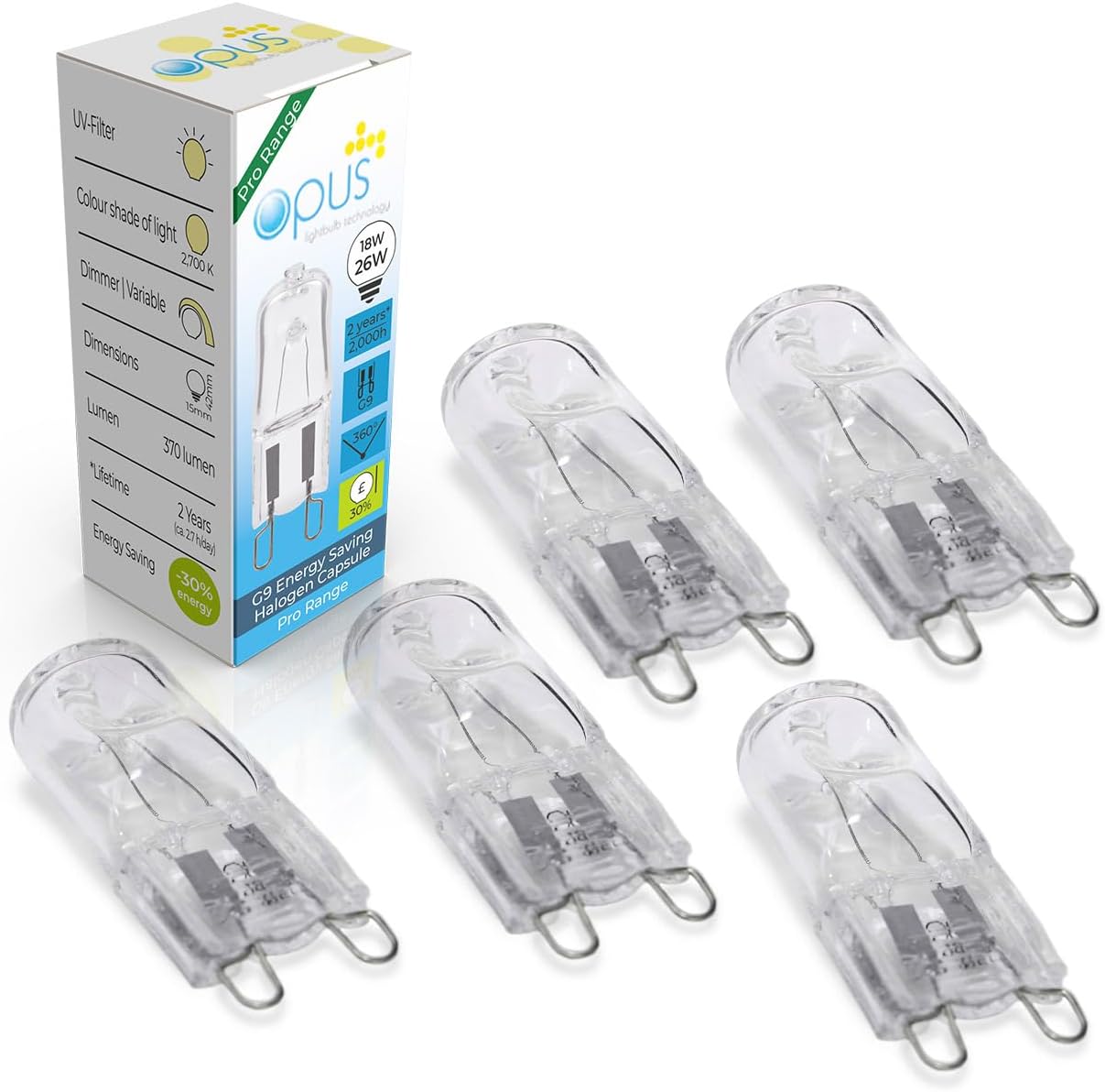 Opus G9 Halogen Bulb | 18W = Equivalent to 26W G9 Bulb | Warm White 2700K | Long Life 2,000 Hours | Clear Glass Capsule | Dimmable | 2 Pin Light Bulbs | Lava Lamp Bulb | Chandelier Bulb | 5 Pack