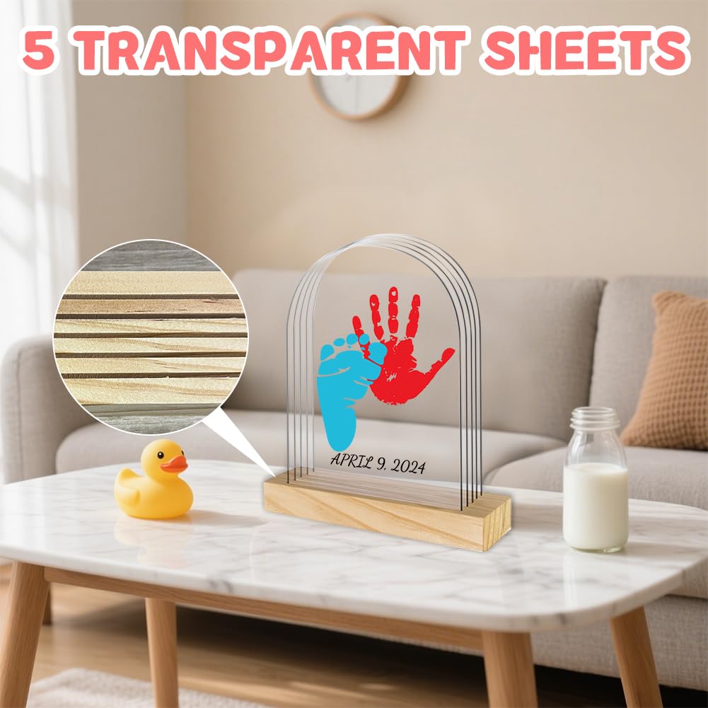 Kit per impronte di mani e piedi, fai da te, in legno, con base in legno massello, 5 pannelli acrilici e 6 vernici atossiche, regali fai da te per neo genitori, regali per neonati e familiari