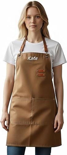 Delantal de chef de lona personalizado, delantal unisex para mujeres y hombres, delantal para pintar, hornear artistas Marrón