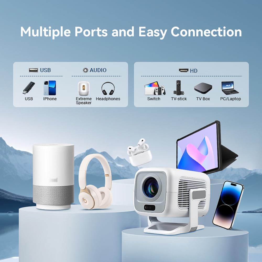 Mini Proiettore [App integrata] Fuoco Automatico Proiettore Portatile 4K UHD WiFi 6 BT5.2 Cinema a Casa Portatile Keystone Compatibile con iOS/Android/TV Stick/PS5/Xbox Latenza Bassa Ruotabile 180°