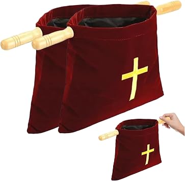 Offering Baskets for Church,2Pcs Embroidered Cross Bible Bags with Wood Handles,Flannel Church Bags for Churches Communion Supplies/Red