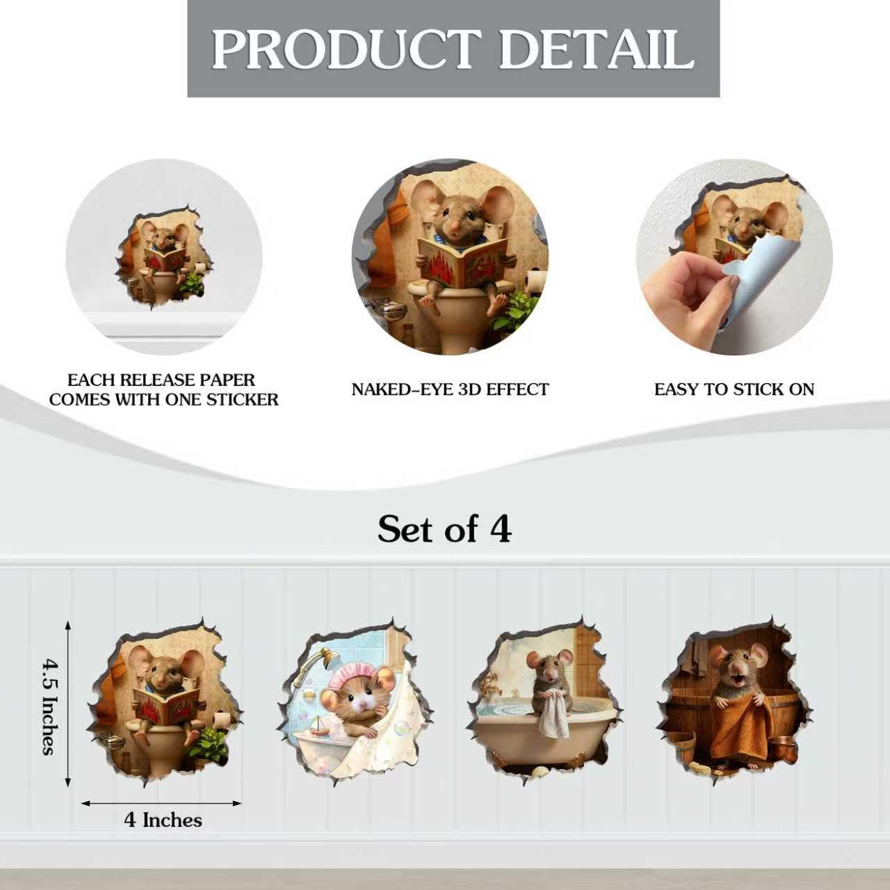 3D Fun Mouse Hole Realistic Wall Decal Peel and Stick, Sticker with 3D Effect, Funny Wall Stickers for Bedroom, Door Corner or Baseboard Decor (Set of 4)