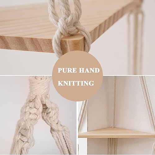 Miniatura 3 de ARMERI Estante colgante de macramé, decoración de pared bohemia de 3 niveles, cuerda de algodón hecha a mano, estantes flotantes de madera rústica