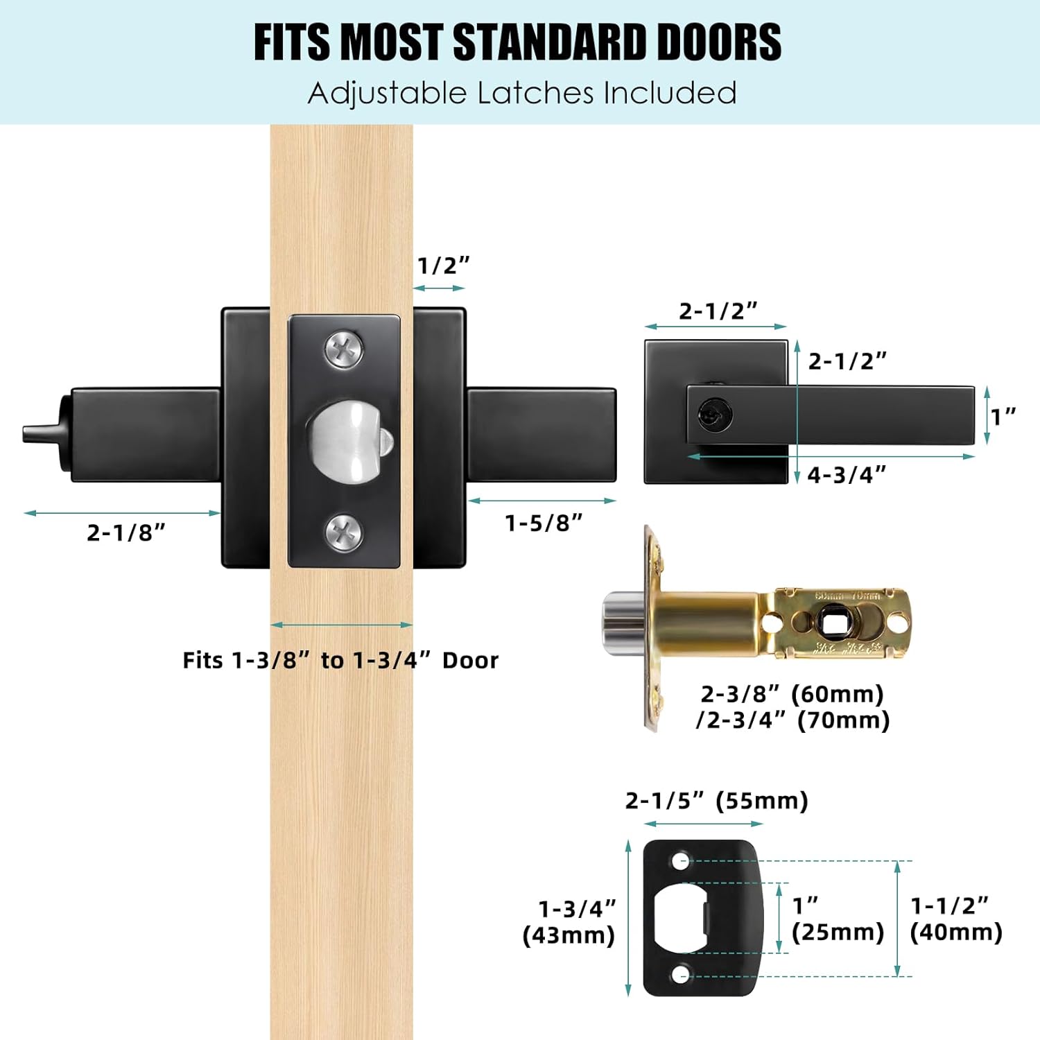 Matte Black Door Handle with Lock, 2 Pack, Keyed Alike Exterior Door Handle, Heavy Duty Square Door Knob for Interior/Exterior Use, Left and Right Hand Door Reversible