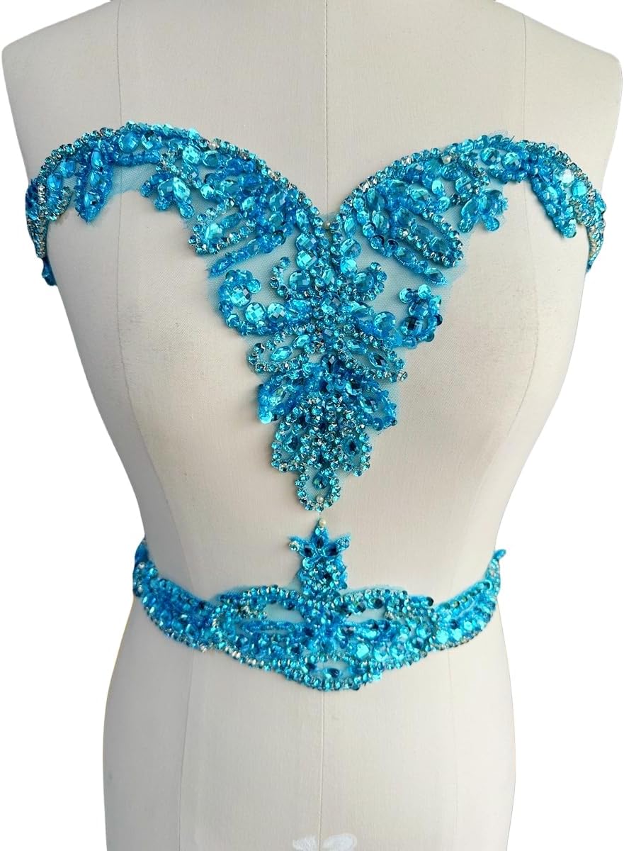 Large Size Pure handsewing Rhinestones Beads Applique for Dress Clothing Neckline and Waist Trim sew on Shining Crystal Sequins lace Patches one Set/Bag (Sky Blue)