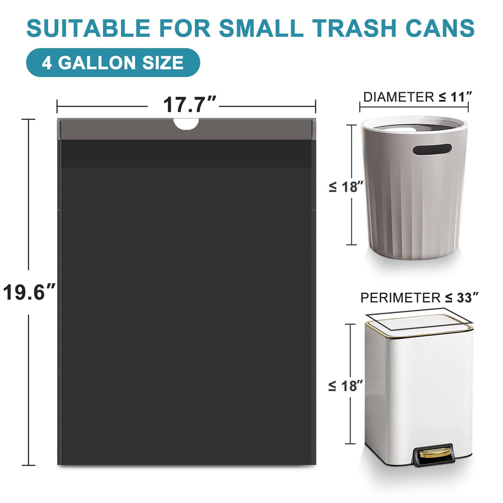 Bolsas de basura con cordón de 4 galones, biodegradables, negras, pequeñas, degradables, gruesas, bolsas de basura para baño, cocina, oficina, coche, 100 unidades