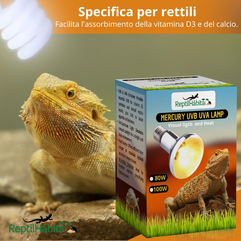 Bombilla UVB UVA con Calor para Reptiles 80W, 100W, 125W y 160W – Lámpara Vapor de Mercurio Todo en Uno para Terrarios – Luz Solar Artificial con Protección Térmica (125W)
