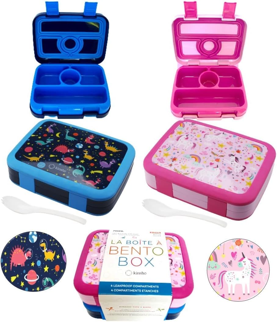 Bento Box Lunch Boxes for Kids Boys Girls, Snack Containers for Toddler Daycare, Pre-School Lunches, 4 Divided Compartments, Pink Unicorn + Blue Space Dinosaur 2 pack