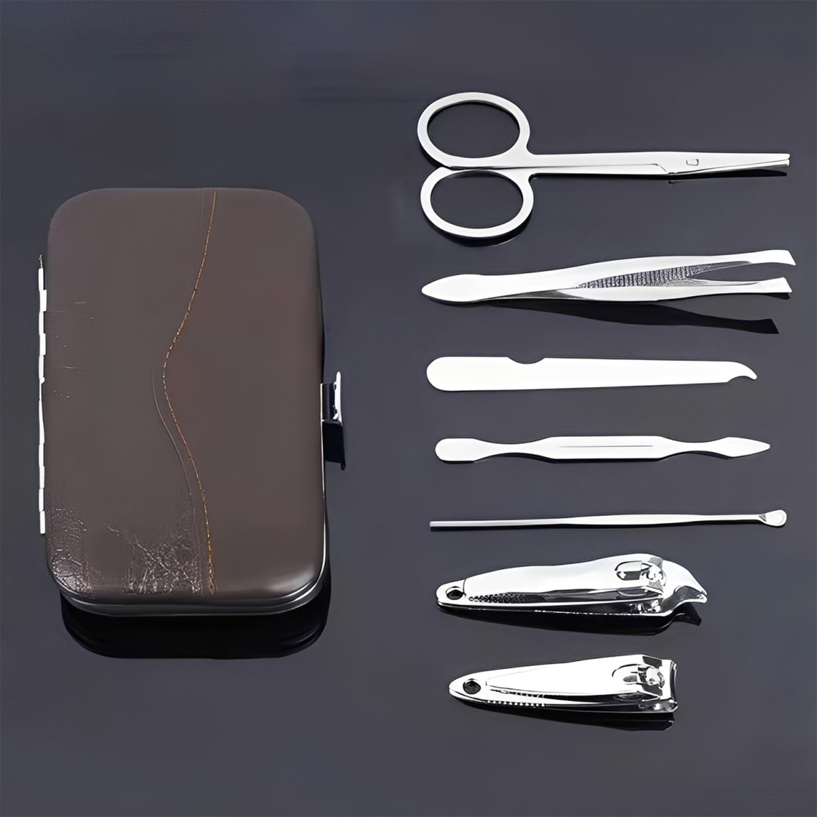 7-Piece Nail Clippers Set - Portable 7-in-1 Manicure Kit for Travel Complete Professional Nail Care Tools Brown