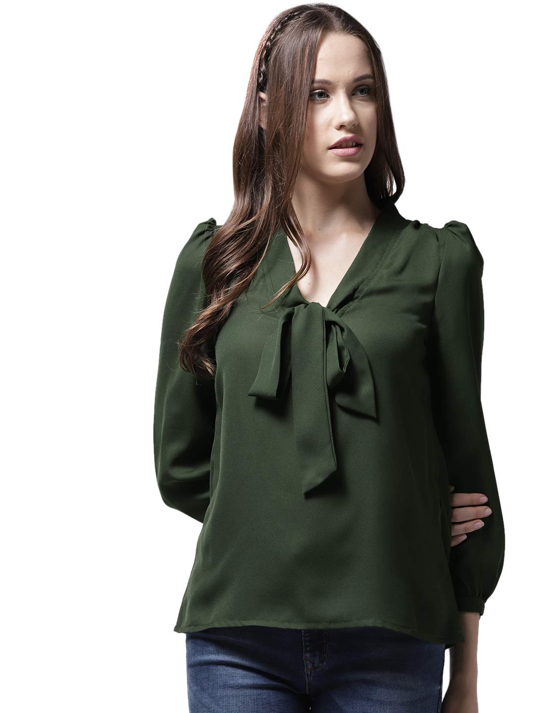 La Zoire Green Full Sleeves Knotted Top