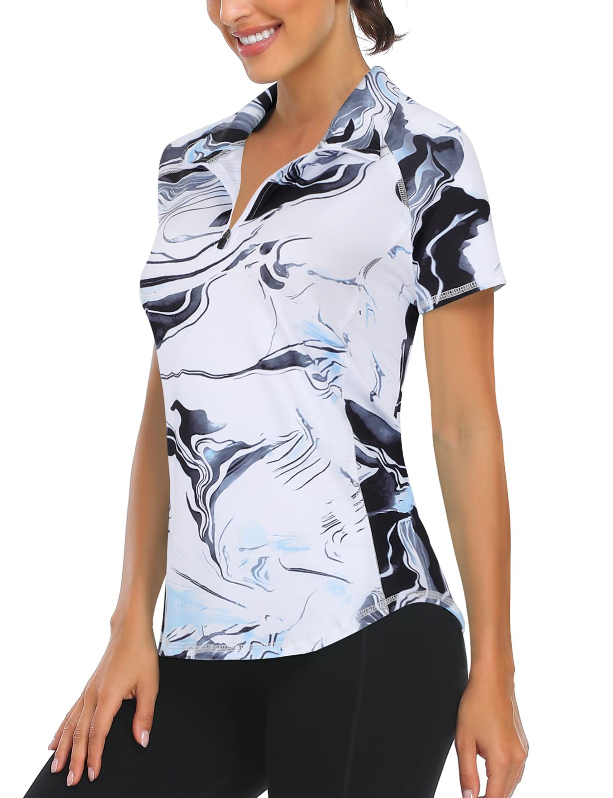 Syphiby Gym Top Women Short Sleeve Polo Shirts 1/4 Zip Up Moisture Wicking Golf Tops Sports Workout Running Tshirt S-XXL