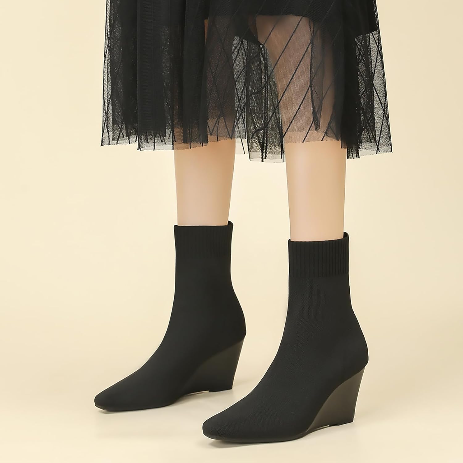 Women's Knitted Wedge Ankle Boots Fashion Square Closed Toe Pull-On Booties Breathable Comfort Dress Sock Boots for Casual Party Shopping