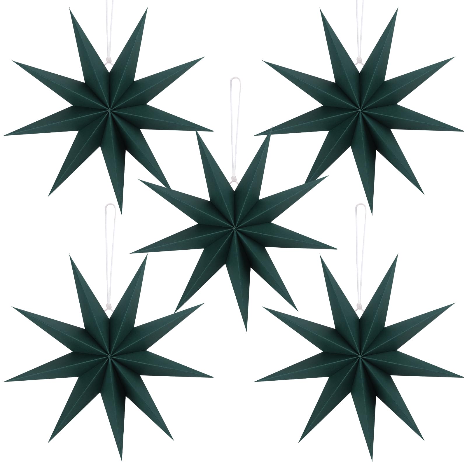 12 Inches 5 PCS Dark Green Paper Star Lanterns Christmas Party Decorations Hanging Stars Christmas Party Decorations Wedding Birthday Christmas Home Party Decorations(9 Pointed)